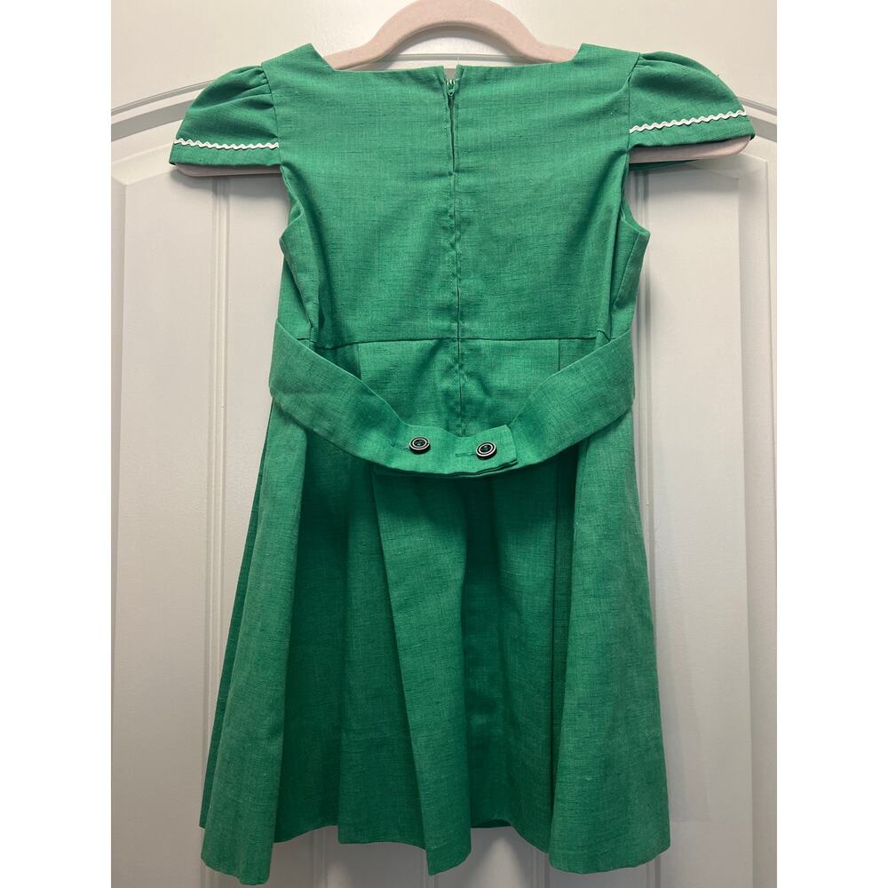 Vintage Dorissa Girls Puff Sleeve Dog‎ Embroidery Ric-Rac Trim Dress 6X Green - Picture 3 of 4